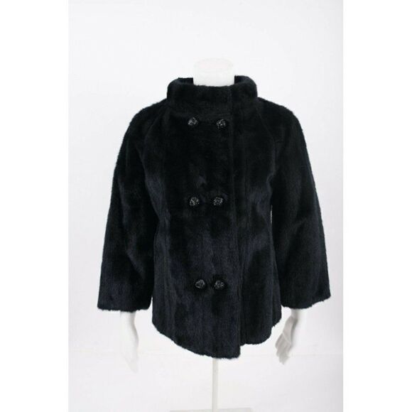 styled by Winter Jackets & Blazers - Vintage 50s 60s Womans Black Faux Fur Jacket Coat Double Breasted S M Winter